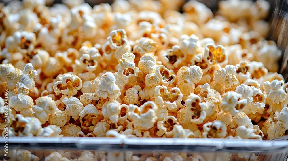 Freshly popped popcorn in a large container ready for movie night with family and friends in a cozy setting Freshly popped popcorn in a large container ready for movie night with family and friends in a cozy setting
