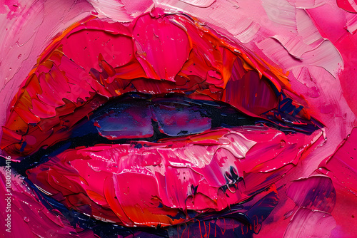 An abstract expressionist painting depicting vibrant, vivid pink and red puffy lips in a close-up, macro shot. 