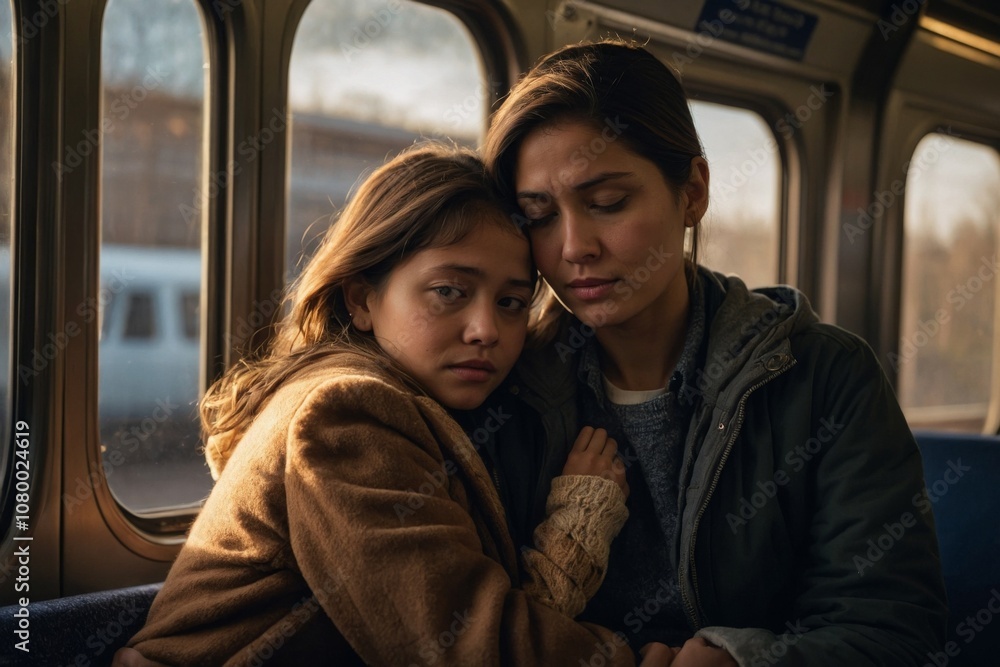 A unhappy stressed and tired mother traveling with her child A unhappy stressed and tired mother traveling with her child