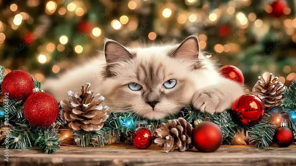 the beautiful Christmas tree with the cat, video of christmas theme, the beautiful Christmas tree with the cat, video of christmas theme,