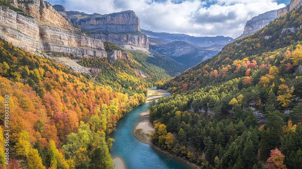 An aerial perspective captures the vibrant hues of autumn along the Ara River in the Ordesa region of the Aragonese Pyrenees An aerial perspective captures the vibrant hues of autumn along the Ara River in the Ordesa region of the Aragonese Pyrenees