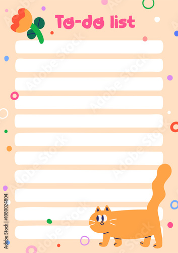 Notebook page design. Funny to-do list template for notepad, diary in doodle quirky comic kids style. Paper background, cute cat, blank empty lines for memo notes writing. Flat vector illustration