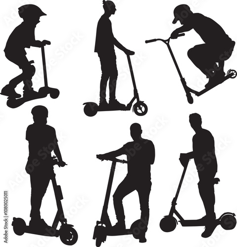 Vector stunt kick scooter silhouette riders boys set