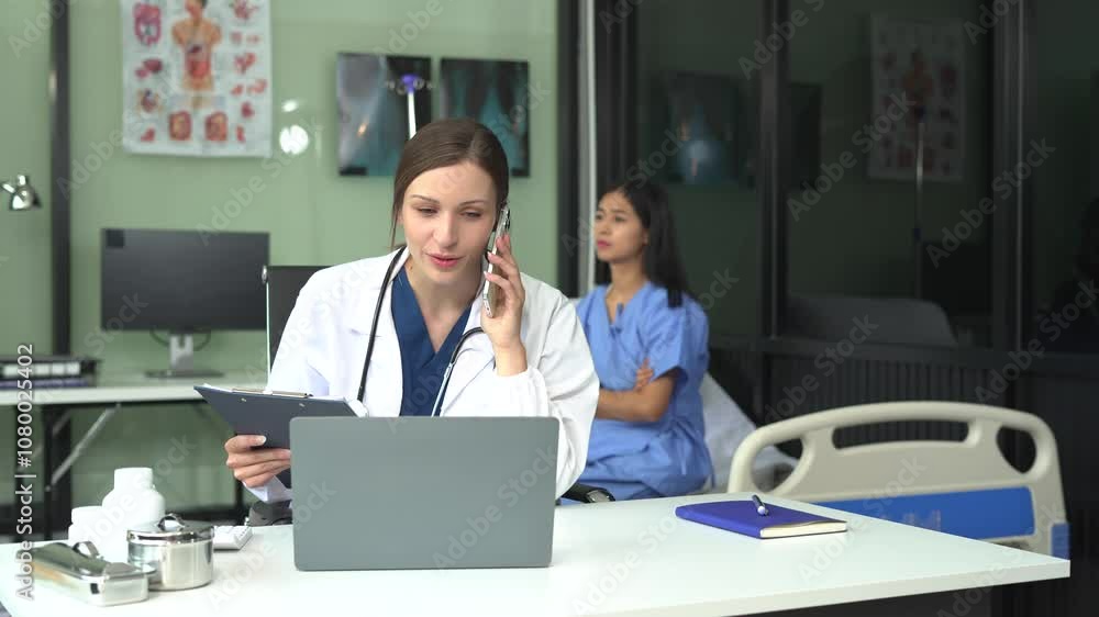 Female medicine doctor writing something on clipboard close up. Ward round, patient visit check, medical calculation and statistics concept. Female medicine doctor writing something on clipboard close up. Ward round, patient visit check, medical calculation and statistics concept.