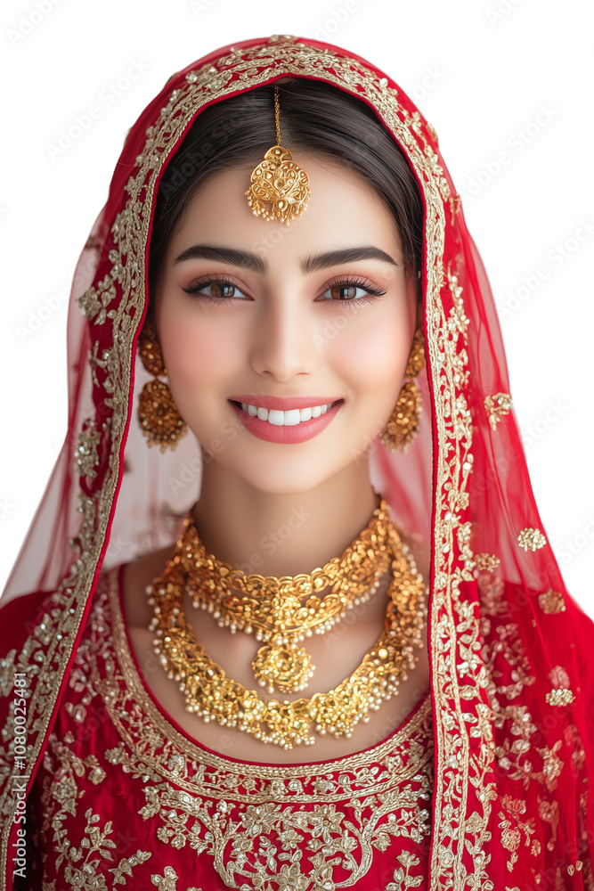 Beautiful Indian Bride in Traditional Red Bridal Attire with Gold Jewelry and Intricate Embroidery, Isolated, Transparent Background Beautiful Indian Bride in Traditional Red Bridal Attire with Gold Jewelry and Intricate Embroidery, Isolated, Transparent Background