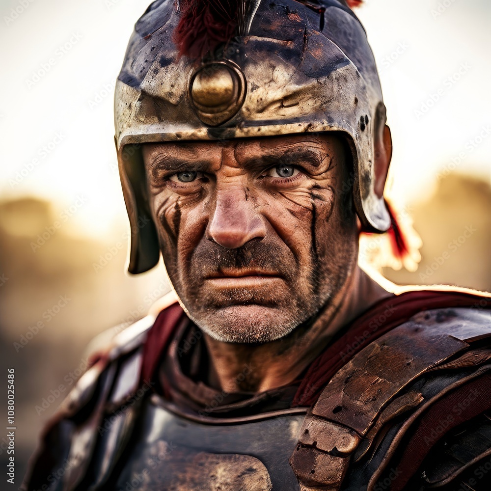 Close up view portrait of a roman soldier 50 years old wearing the helmet of his legion on his head and dressed with uniform and cape of battle. Staring Eyes and blood on his face. Warrior of the past Close up view portrait of a roman soldier 50 years old wearing the helmet of his legion on his head and dressed with uniform and cape of battle. Staring Eyes and blood on his face. Warrior of the past