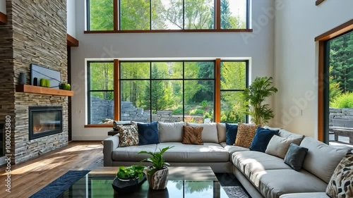 A large living room with a fireplace, a potted plant, and a television