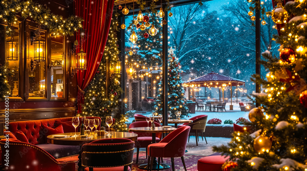 Guests enjoy a cozy meal in a festive restaurant adorned with holiday decorations and a winter backdrop Guests enjoy a cozy meal in a festive restaurant adorned with holiday decorations and a winter backdrop