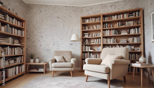 Scandinavian living room interior design zoom background,Doodle patterned wallpaper graphics