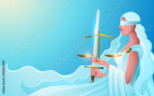 Vector illustration of Themis, the Greek goddess of justice, holding a sword and a scale