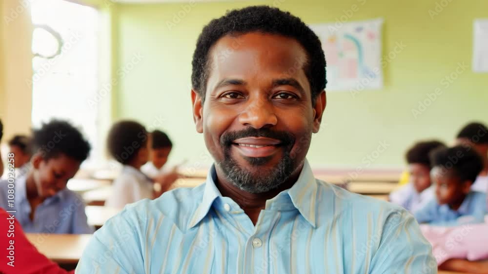 Portrait of smiling male African American teacher in a class at school looking at camera. A smiling male teacher encourages curiosity and creativity in his classroom filled with eager learners! Portrait of smiling male African American teacher in a class at school looking at camera. A smiling male teacher encourages curiosity and creativity in his classroom filled with eager learners!