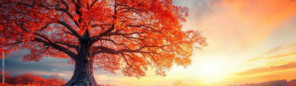 Vibrant autumn landscape with a majestic red tree at sunset. Vibrant autumn landscape with a majestic red tree at sunset.