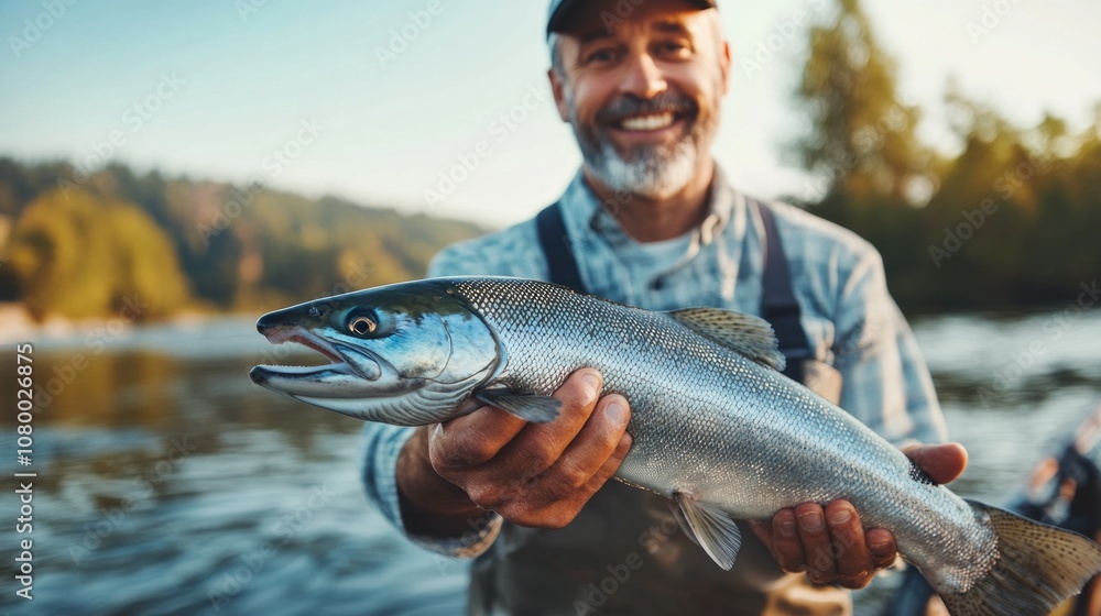 Obraz premium A man is holding a fish in his hand while smiling