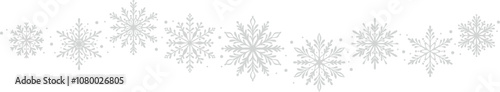 Light grey snowflake vector banner design, decorative winter holiday festive celebration border, snow illustration wave, isolated