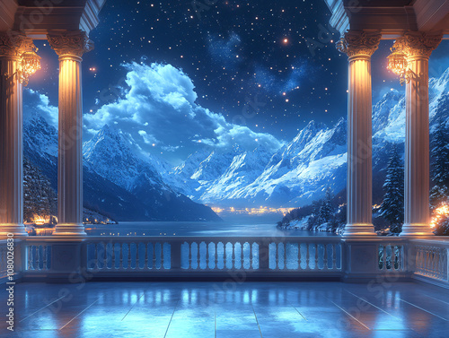 a majestic castle perched on a cliff with elegant fantasy balcony overlooking a breathtaking mountain landscape at night.