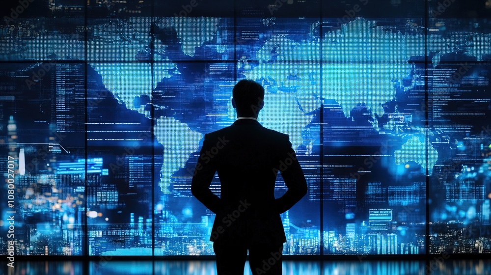 Businessman Analyzing Global Data on Blue Multiple Screens Businessman Analyzing Global Data on Blue Multiple Screens
