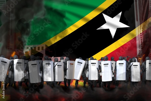 Saint Kitts and Nevis police officers on city street are protecting order against riot - protest stopping concept, military 3D Illustration on flag background photo