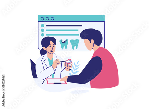 A dentist points to a diagram, explaining the different parts of a tooth.