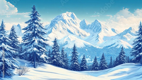 "Beautiful winter landscape with snow-covered trees, frozen ground, and a serene sky, capturing the tranquility of a cold, frosty morning in a peaceful forest