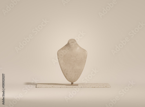 Bust showcase jewelry display for necklace pendant in white and beige cream background. stone stand holder. Beige color mannequin jewelry stand. Trendy 3d render for social media banners, promotion	
