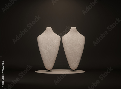 Bust showcase jewelry display for necklace pendant on Abstract Dark Background. Black Stand holder.