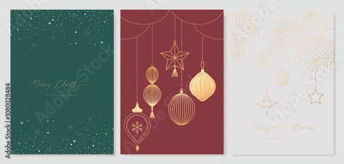 Christmas Frame Luxury Happy Holidays invitation card design vector. Minimal Happy New Year , Christmas tree, bauble on emerald green background. Design for Season's Greeting, Christmas, cover.