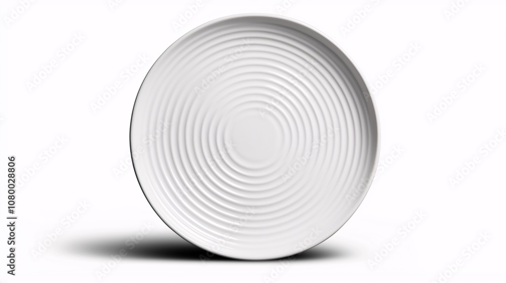 Fototapeta premium Isolated Round White Plate with Circular Pattern on Clean White Background for Kitchen and Dining Presentation, Perfect for Food Photography and Table Settings