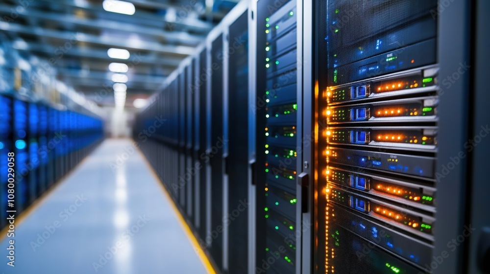 A high-tech server room filled with rows of network servers, showcasing bright indicators and a clean, organized environment. A high-tech server room filled with rows of network servers, showcasing bright indicators and a clean, organized environment.