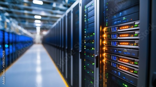 A high-tech server room filled with rows of network servers, showcasing bright indicators and a clean, organized environment.