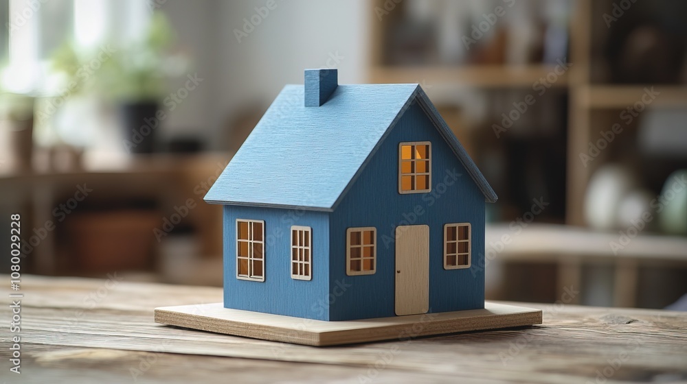 Blue Business Toy House on Wooden Tabletop Blue Business Toy House on Wooden Tabletop