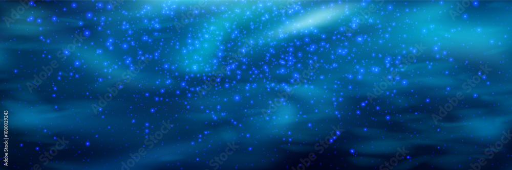 Underwater swirling bg with glowing plankton overlay effects. Dark blue marine gradient background and photofluorescent particles and microorganisms. Underwater swirling bg with glowing plankton overlay effects. Dark blue marine gradient background and photofluorescent particles and microorganisms.