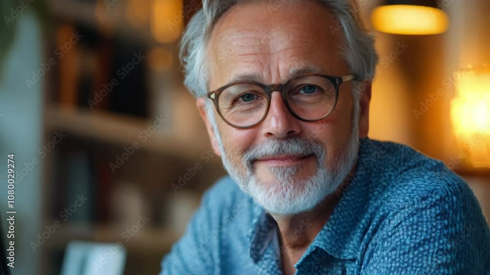 Mature man with gray hair and glasses smiling at camera while sitting in cozy modern workspace illuminated by warm light in background Mature man with gray hair and glasses smiling at camera while sitting in cozy modern workspace illuminated by warm light in background