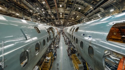 Wide-angle panorama of an aircraft factory, showing rows of commercial jet fuselages, wings, and landing gear being assembled and inspected.