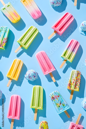 Vibrant Ice Cream Popsicles Against a Pastel Blue Background for a Whimsical Summer Vibe