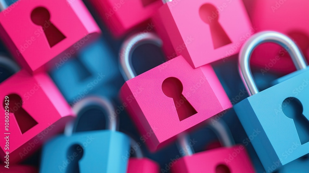 Fototapeta premium Description Colorful padlocks in pink and blue stacked together, symbolizing security and protection.