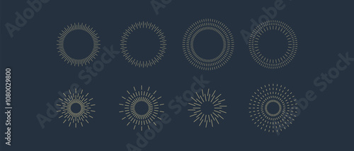 Fireworks. Vintage sunburst collection. Bursting golden sun rays. Vintage sunburst set. Bursting rays sunrise firework starburst blast, Radiant Spark. Logotype or lettering design element. Vector