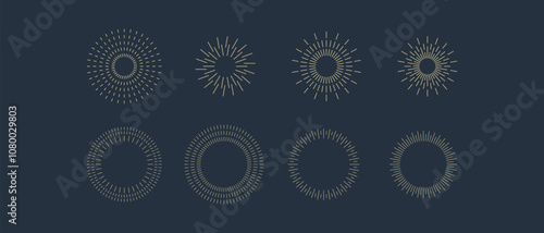 Fireworks. Vintage sunburst collection. Bursting golden sun rays. Vintage sunburst set. Bursting rays sunrise firework starburst blast, Radiant Spark. Logotype or lettering design element. Vector