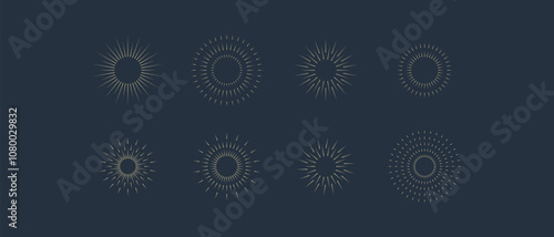 Fireworks. Vintage sunburst collection. Bursting golden sun rays. Vintage sunburst set. Bursting rays sunrise firework starburst blast, Radiant Spark. Logotype or lettering design element. Vector