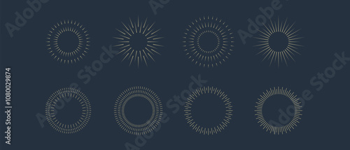 Fireworks. Vintage sunburst collection. Bursting golden sun rays. Vintage sunburst set. Bursting rays sunrise firework starburst blast, Radiant Spark. Logotype or lettering design element. Vector