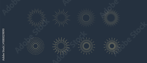 Fireworks. Vintage sunburst collection. Bursting golden sun rays. Vintage sunburst set. Bursting rays sunrise firework starburst blast, Radiant Spark. Logotype or lettering design element. Vector