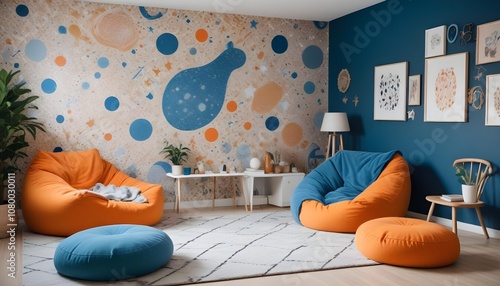 Scandinavian living room interior design zoom background,Doodle patterned wallpaper graphics