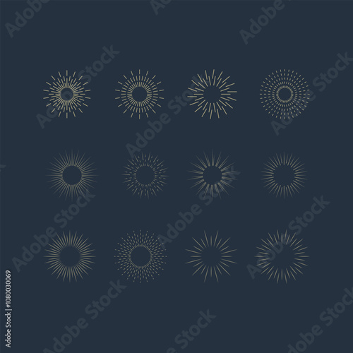 Fireworks. Vintage sunburst collection. Bursting golden sun rays. Vintage sunburst set. Bursting rays sunrise firework starburst blast, Radiant Spark. Logotype or lettering design element. Vector