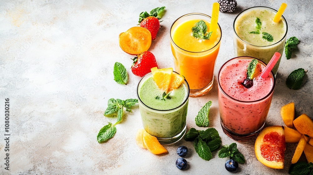 Colorful smoothies with fruits and vegetables in various glassware set on a light-colored background. Colorful smoothies with fruits and vegetables in various glassware set on a light-colored background.
