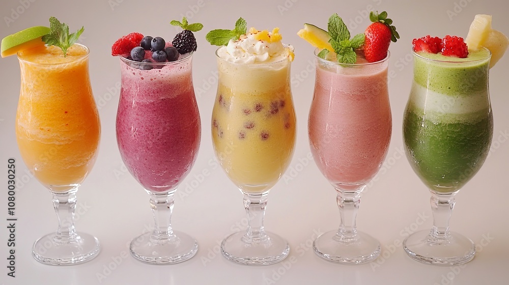 Colorful smoothies with fruits and vegetables in various glassware set on a light-colored background. Colorful smoothies with fruits and vegetables in various glassware set on a light-colored background.