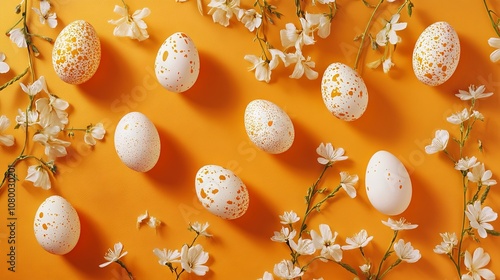 Easter colored eggs on an orange background	 photo