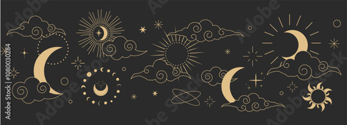 Celestial seamless border, witch spiritual decoration with asian clouds moon, sun burst and stars. line astrology pattern, minimal geometric background.