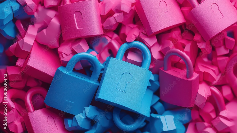 Naklejka premium Colorful collection of small locks in blue and pink, scattered among playful shapes, emphasizing security and creativity.