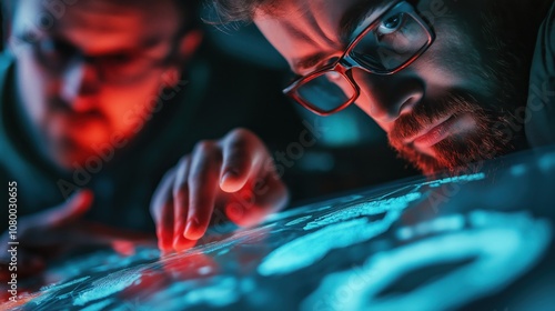 Two individuals focus intently on a glowing surface, examining intricate patterns with concentrated expressions under dramatic lighting. photo