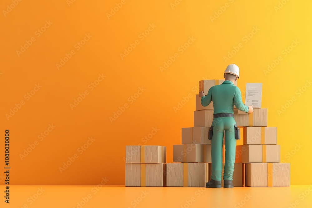 A man in a green shirt is standing in front of a stack of boxes