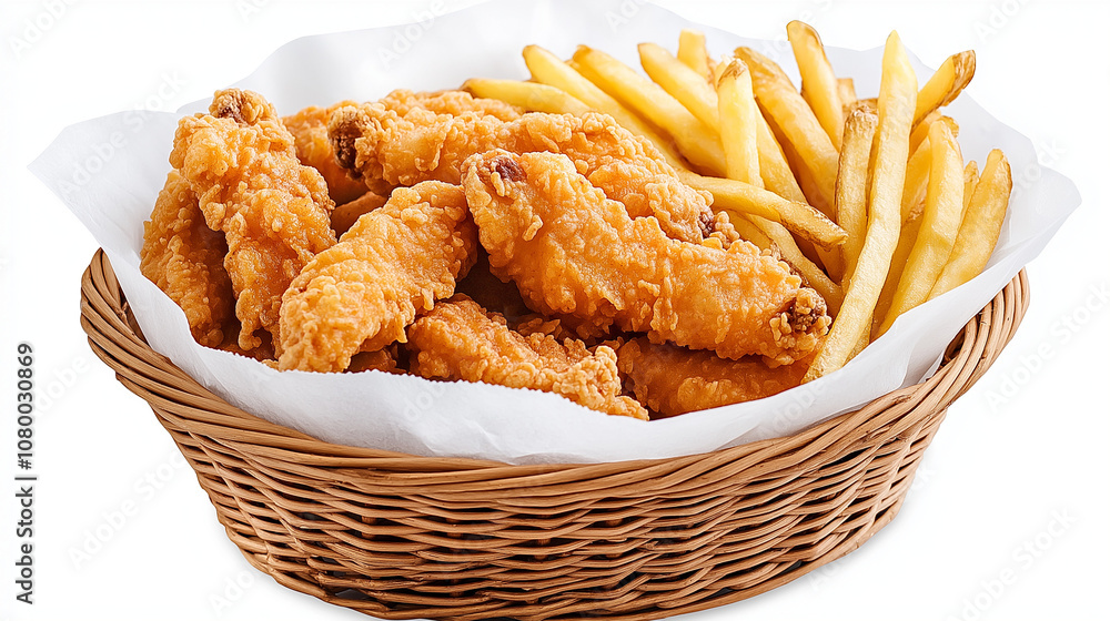Golden Chicken Strips and Crispy Fries in Wicker Basket Golden Chicken Strips and Crispy Fries in Wicker Basket